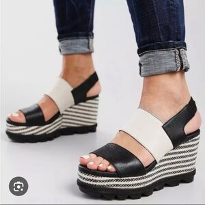 Sorel Black and Cream Striped Platform Wedges
